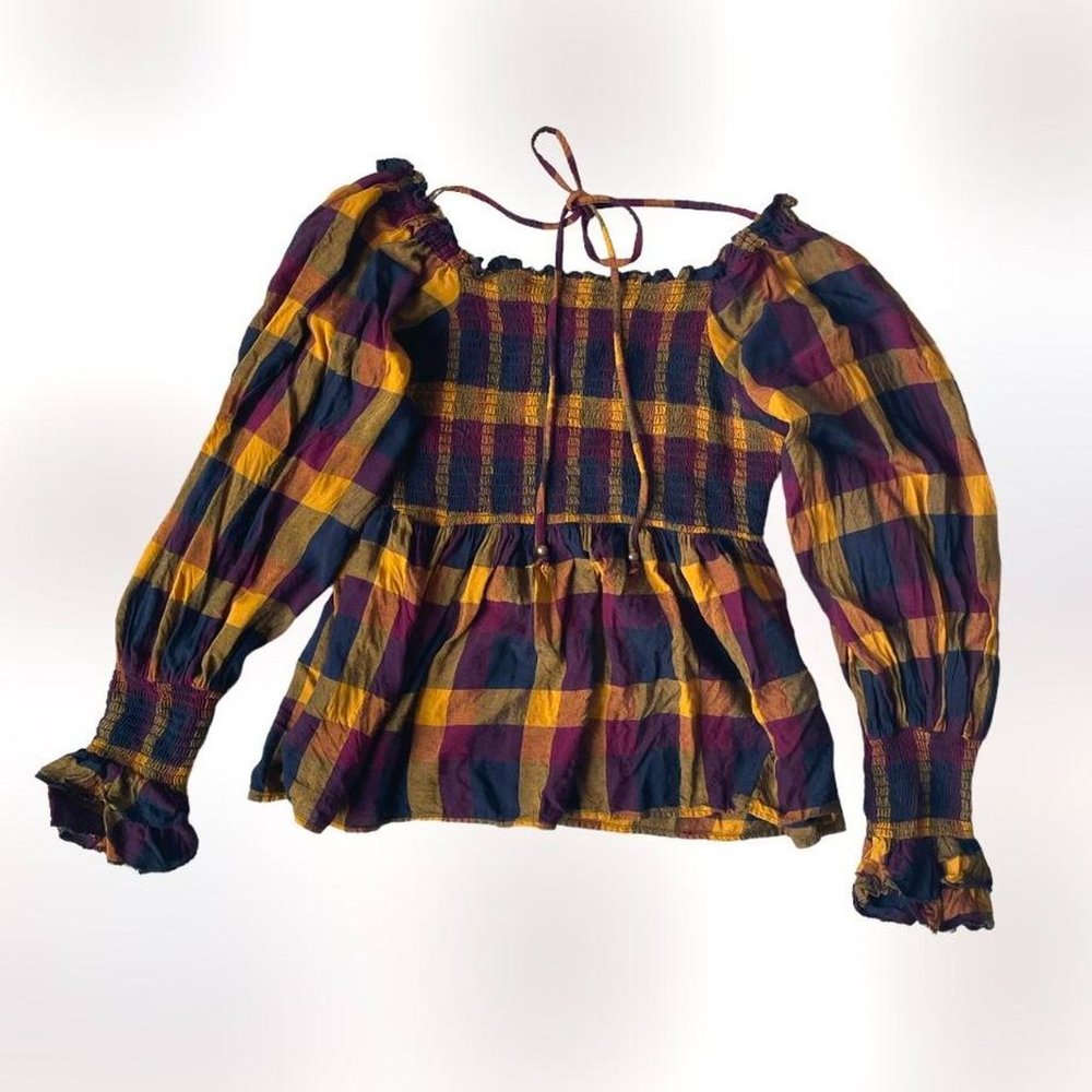 Angie boho plaid jewel-tone peasant blouse! size s/m - Picture 2 of 4